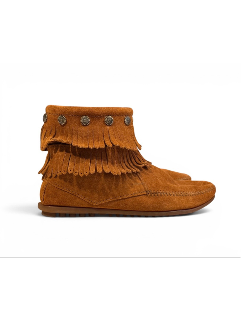 Minnetonka Women’s Double Fringe Suede Ankle Boots Brown Concho Moccasins 9.5 - Picture 7 of 8
